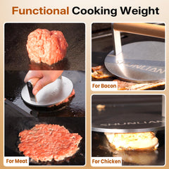 SHUNLIAN press in use on griddle creating crisp smash burger crust quickly