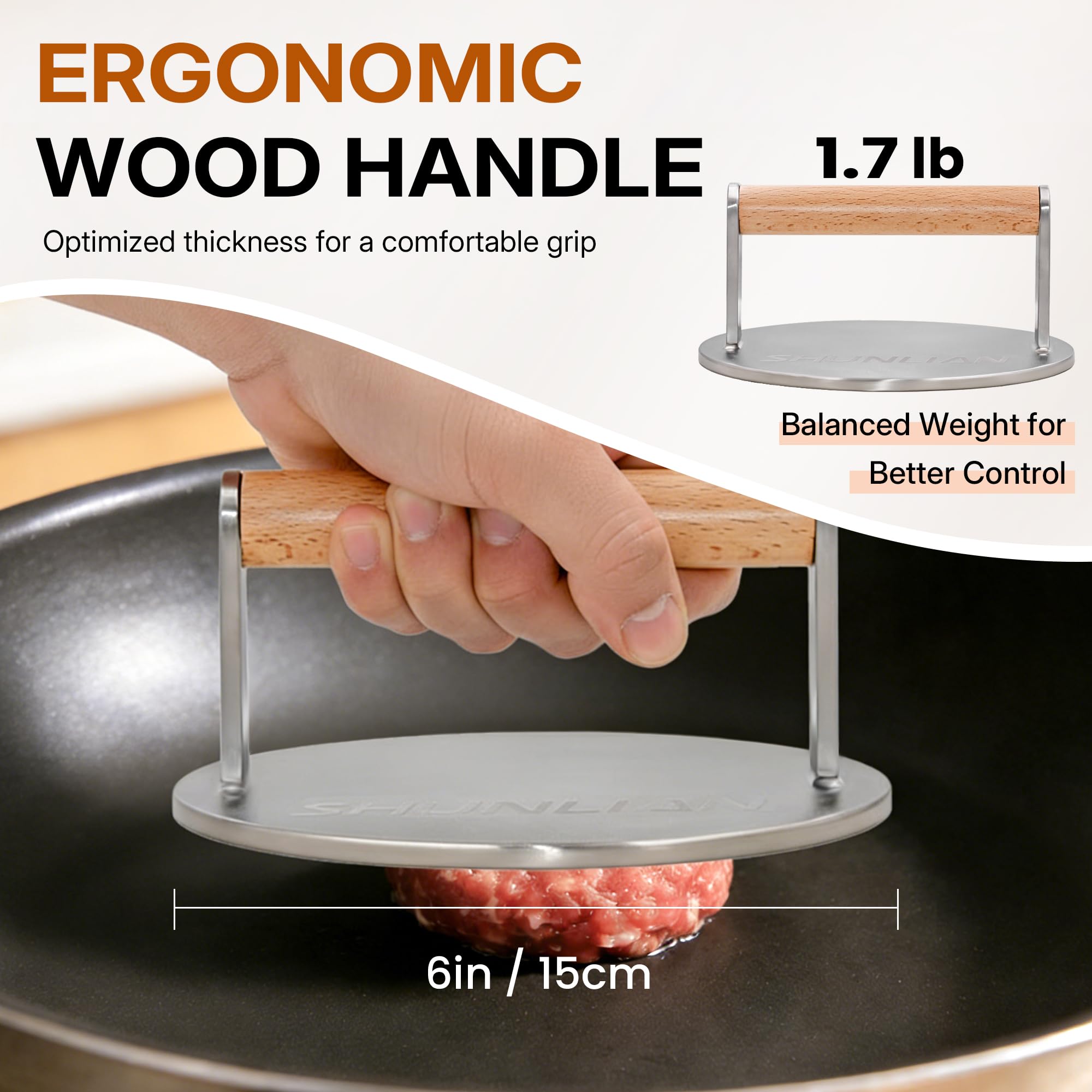 SHUNLIAN wooden handle detail providing secure grip and reduced heat transfer