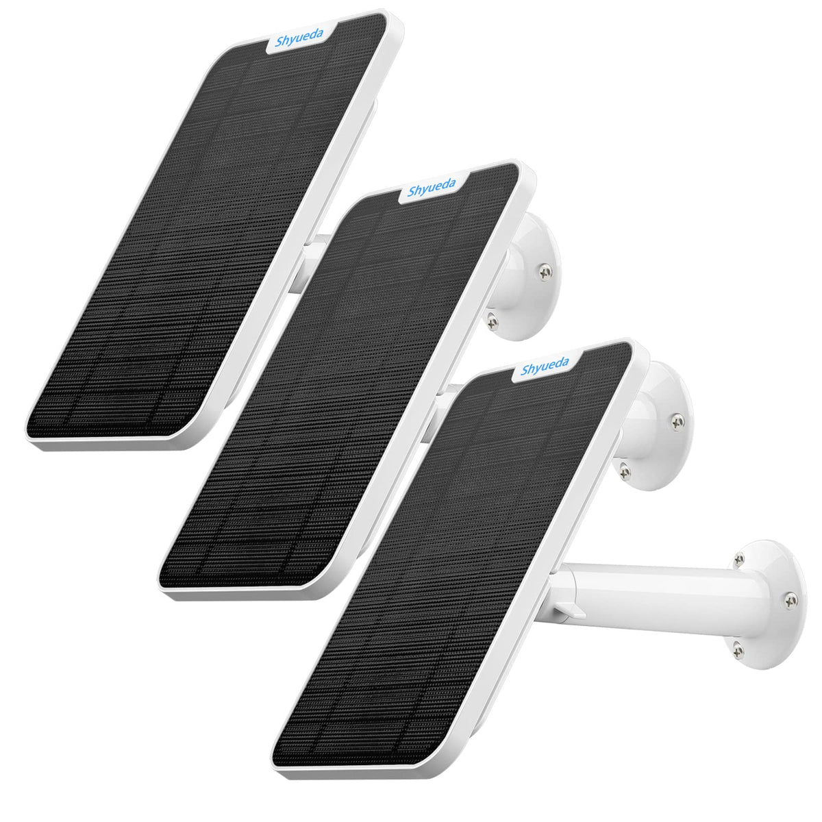 Shyueda front view showing three solar panels and included mounts, clear compatibility labeling