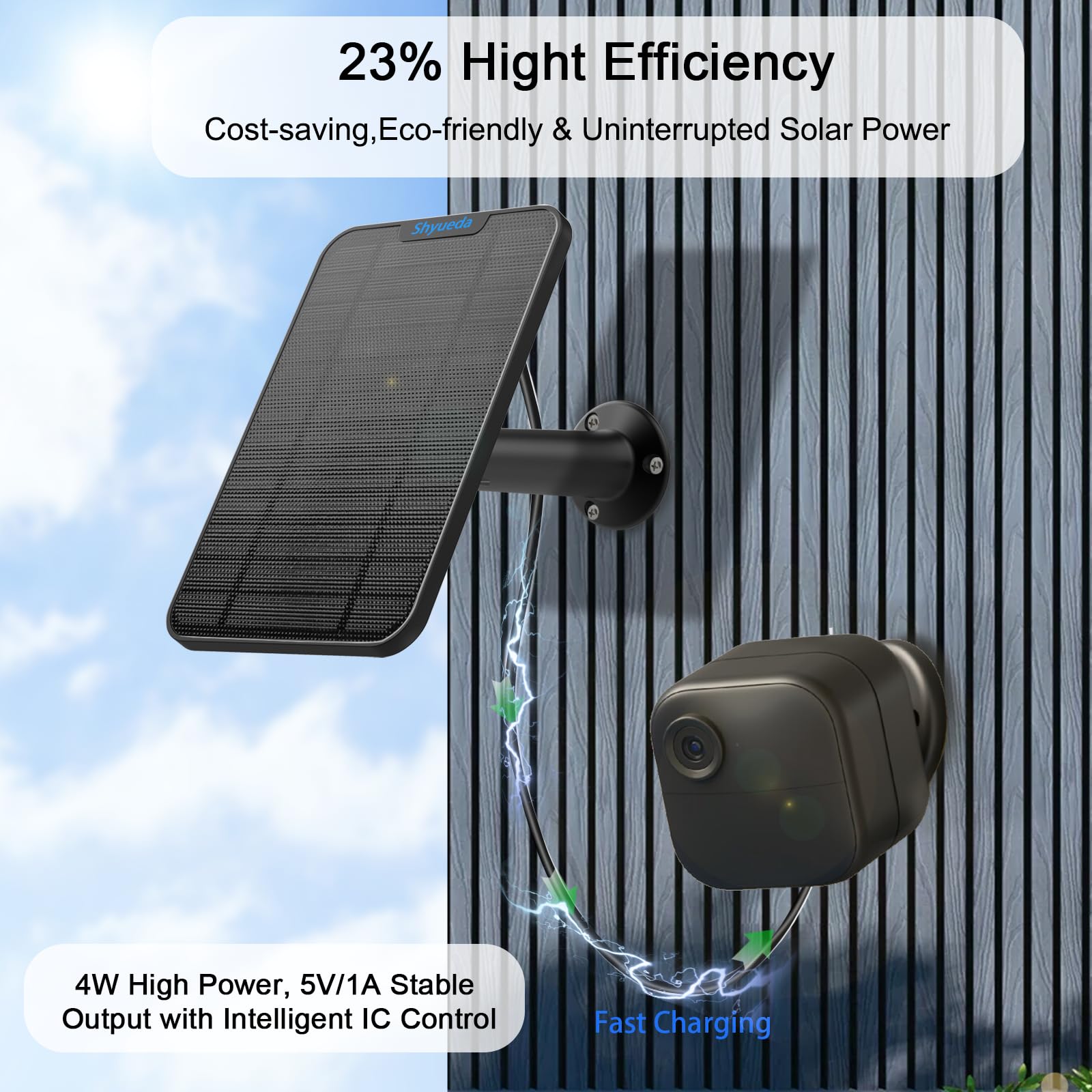 Shyueda panel mounted beside Blink camera demonstrating continuous outdoor power