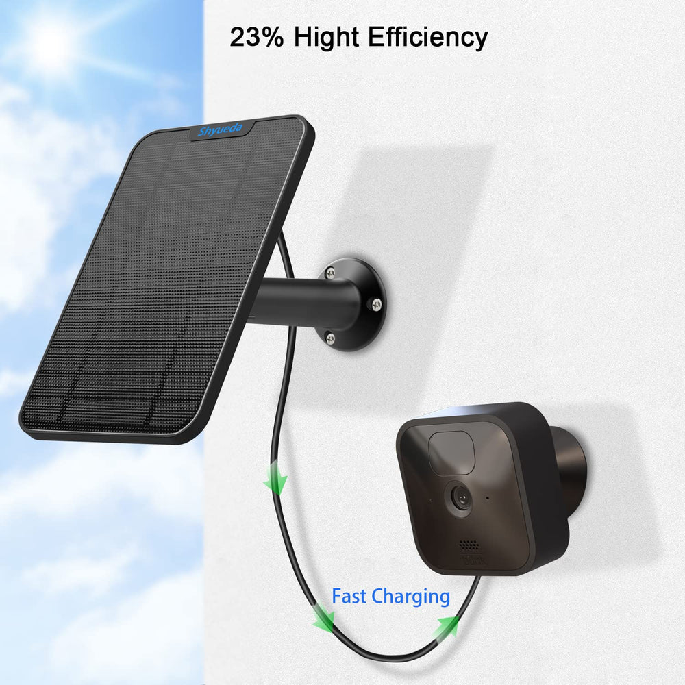 Shyueda solar panel powering Blink camera demonstrating continuous charging advantage
