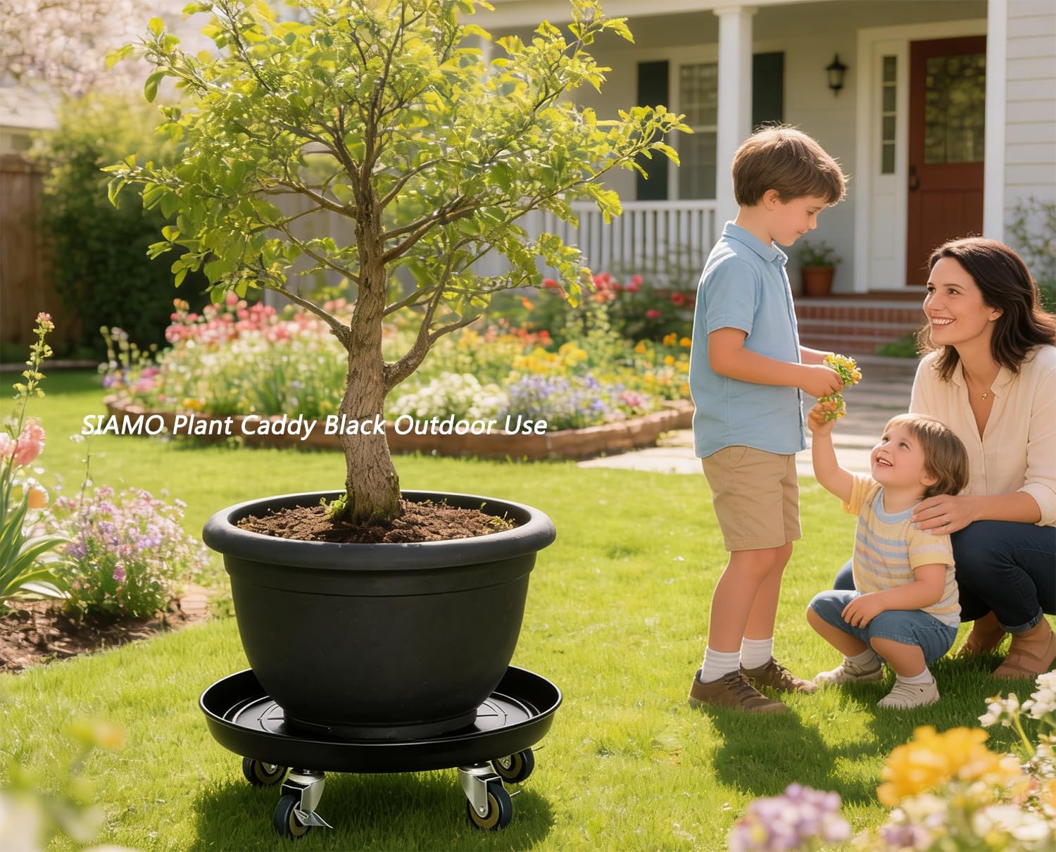 SIAMO plant caddy holding a large ceramic pot for easy moving benefit