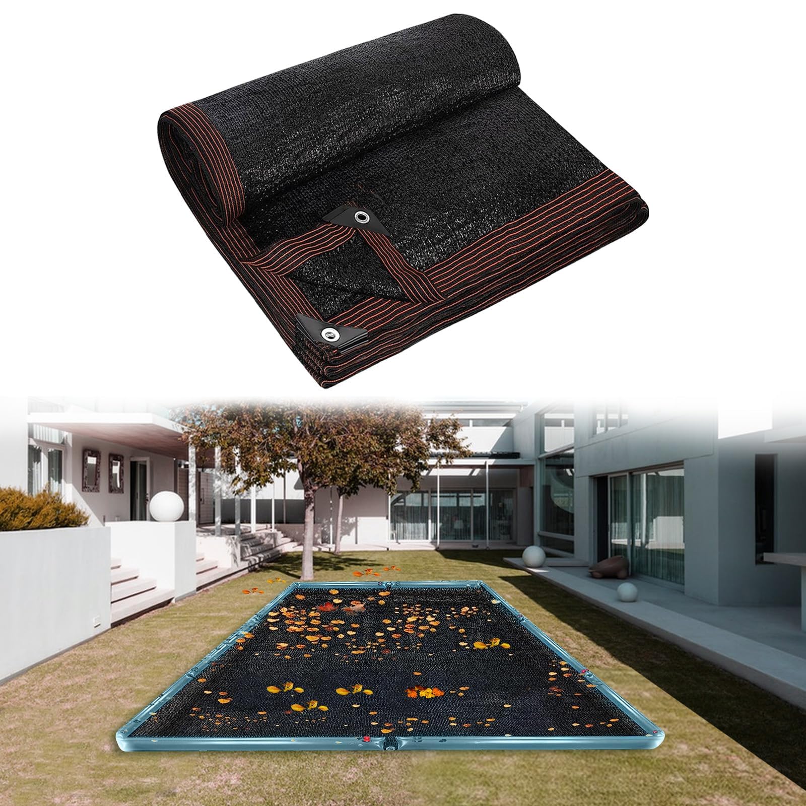 Sibosen front view of 20x40ft leaf net cover protecting pool surface