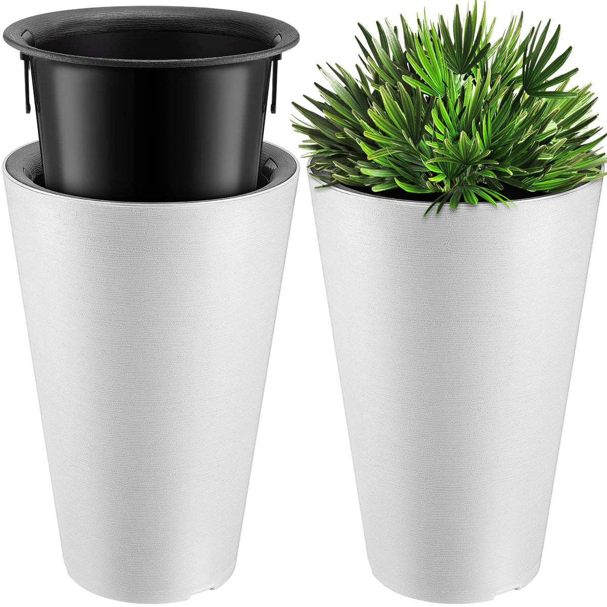 Sieral front view of two white planters showing modern curb appeal and easy placement