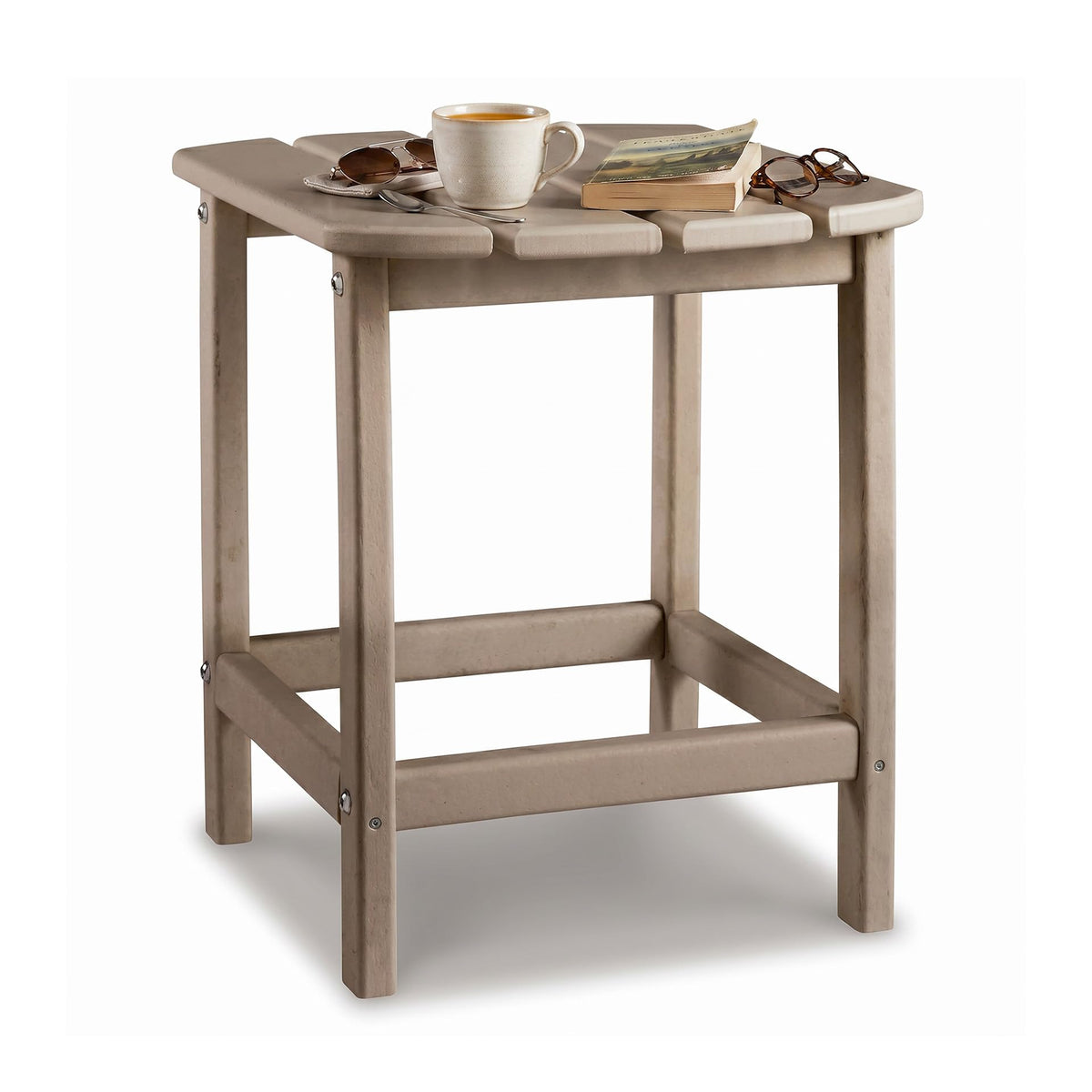 Signature Design by Ashley front view of driftwood side table showing compact shape and appeal