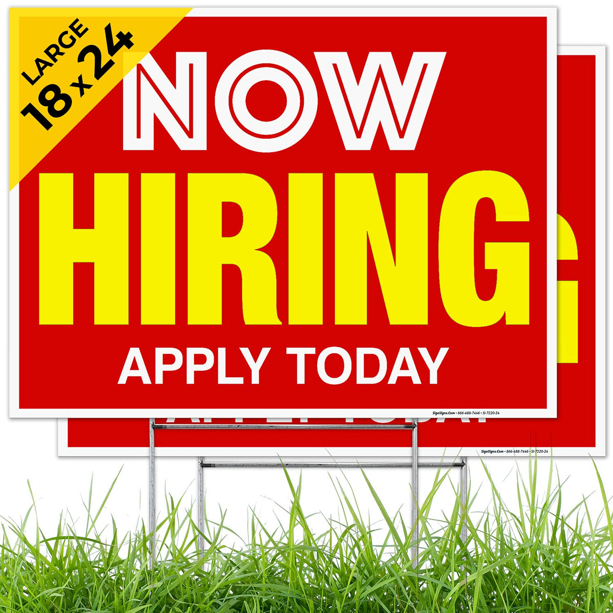 Sigo Signs front view showing bold now hiring message for quick visibility