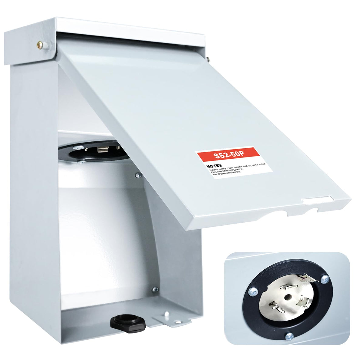 Sigrupery front inlet box showing cover and inlet, protects connection from weather