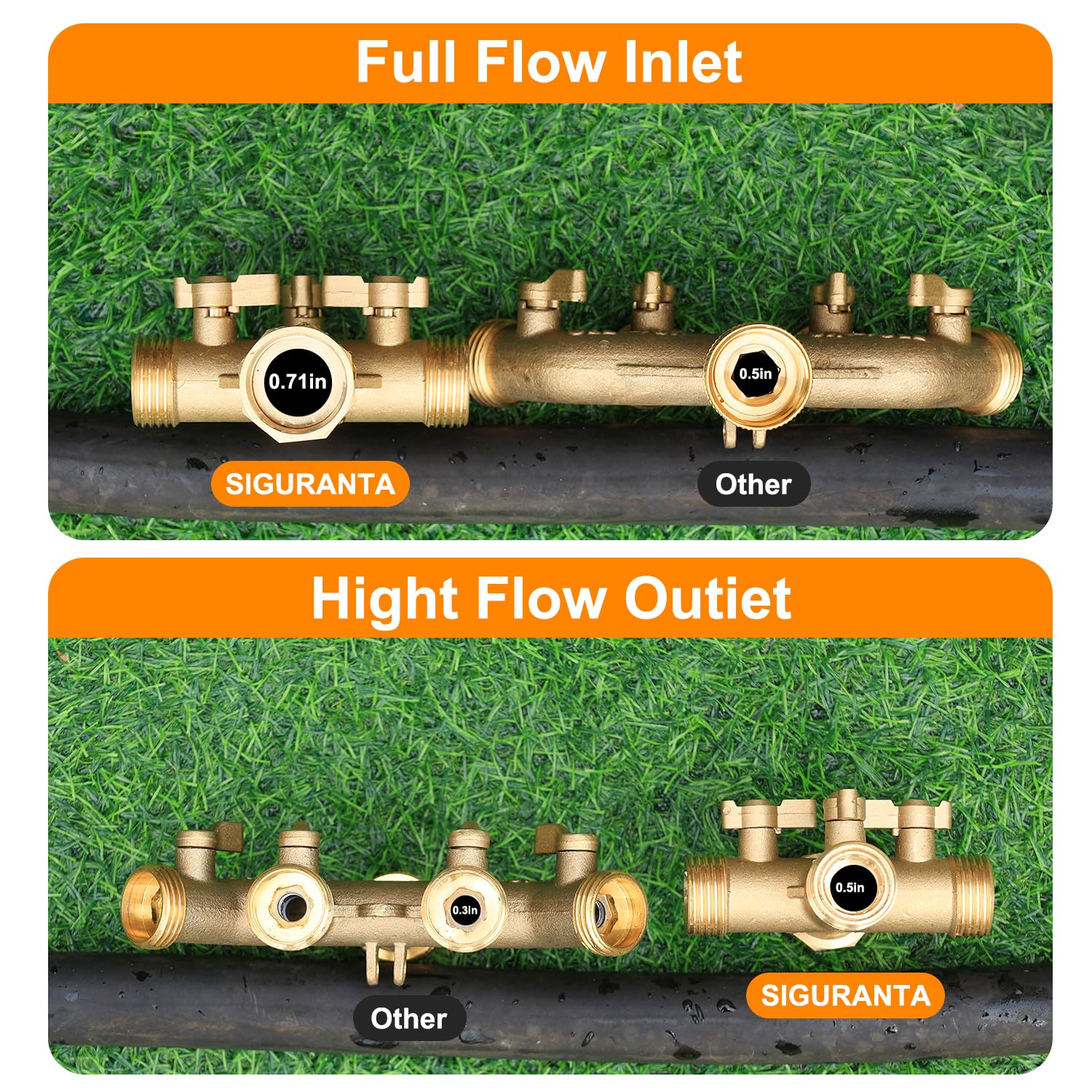 SIGURANTA installed on a garden spigot feeding three hoses, enabling simultaneous watering tasks