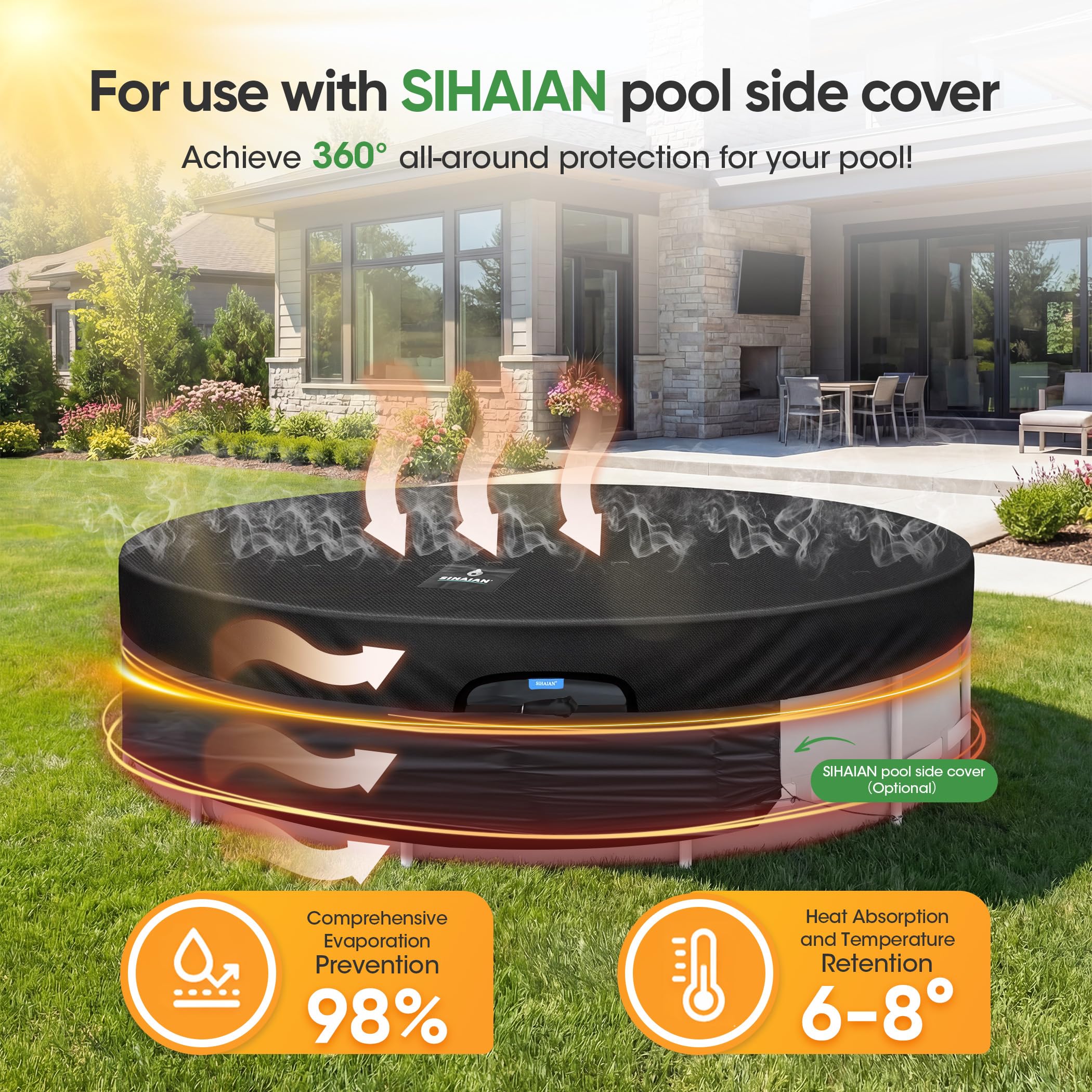 SIHAIAN covered backyard pool in sunlight showing solar heat retention benefits