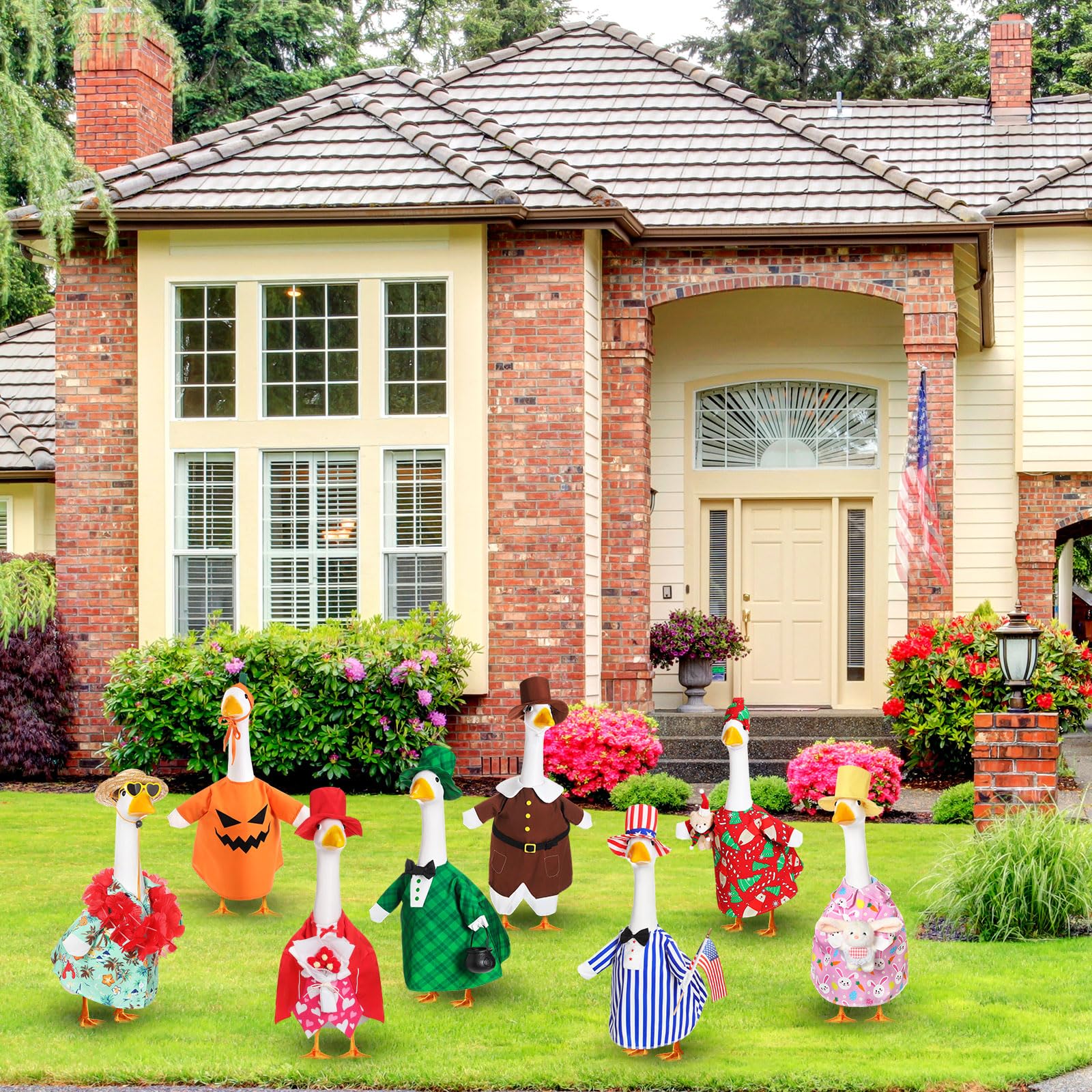 Silicherry goose dressed in Christmas outfit on porch creating holiday cheer