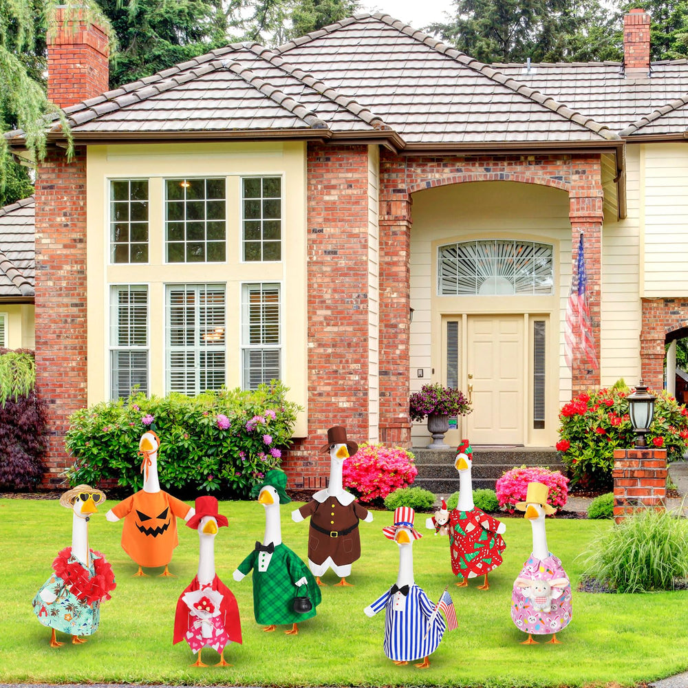Silicherry goose dressed in Christmas outfit on porch creating holiday cheer