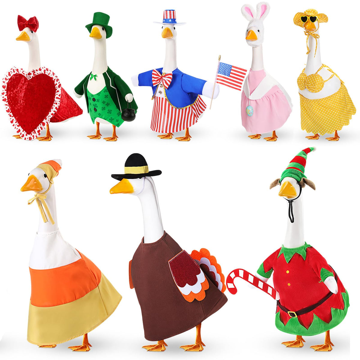Silicherry front view of full 8-set goose outfits showing versatile holiday styles and curb appeal