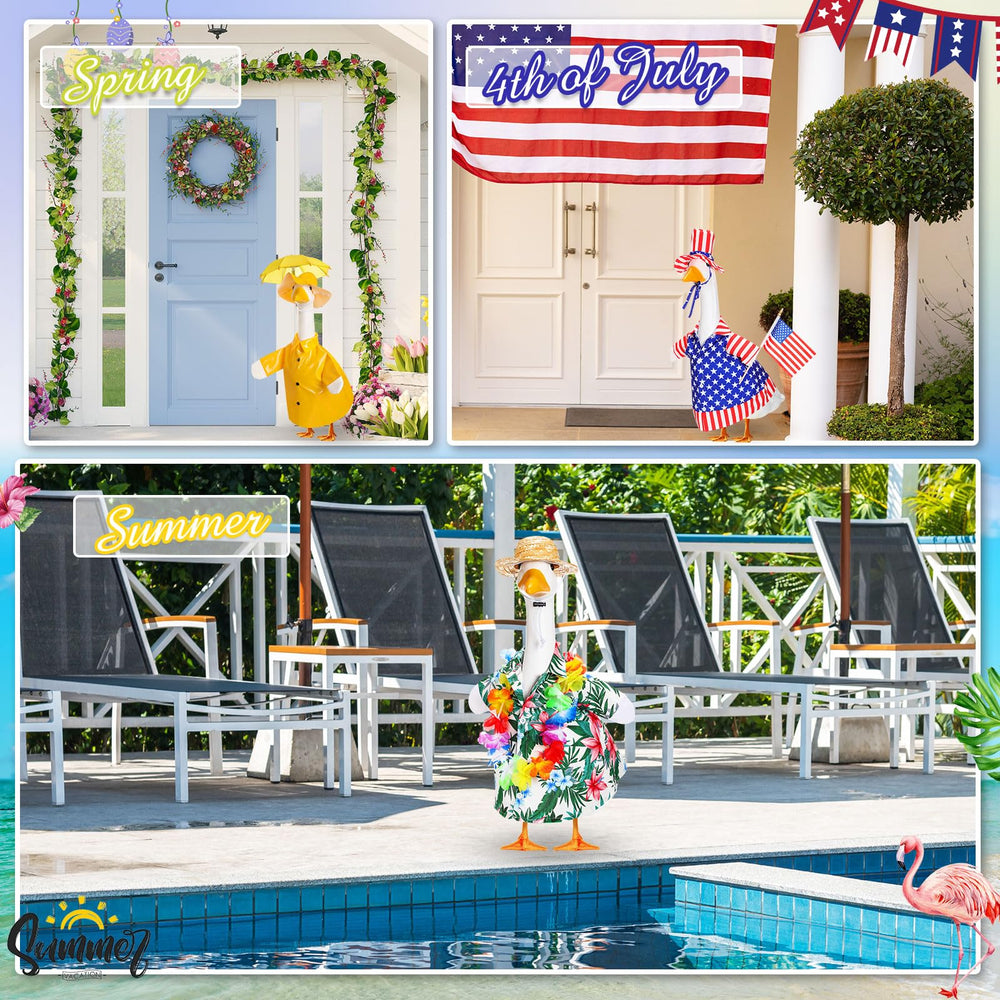 Silicherry goose styled with summer leis brightening porch decor