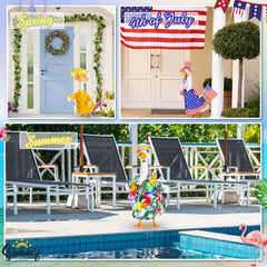 Silicherry goose styled with summer leis brightening porch decor