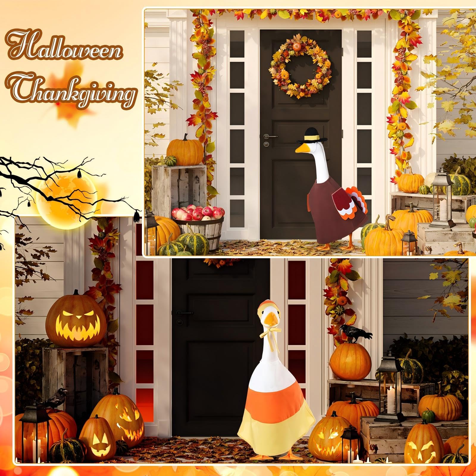 Silicherry Halloween candy corn costume on porch goose creating festive, eye-catching display