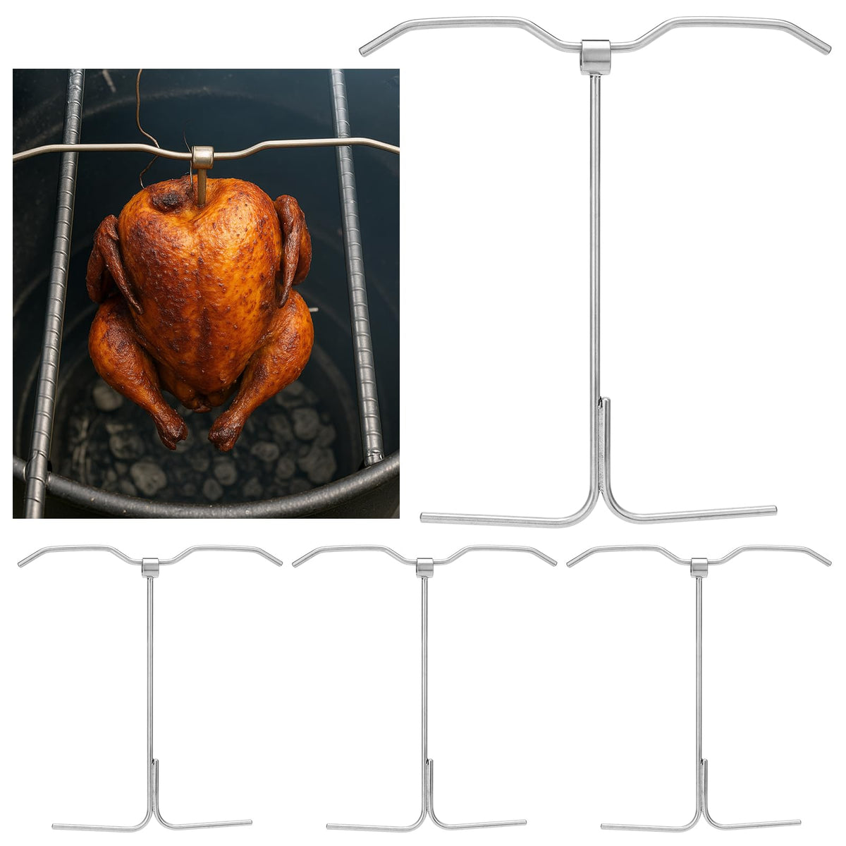 SiliFine front view of four stainless steel turkey hanger hooks, durable and rust-resistant