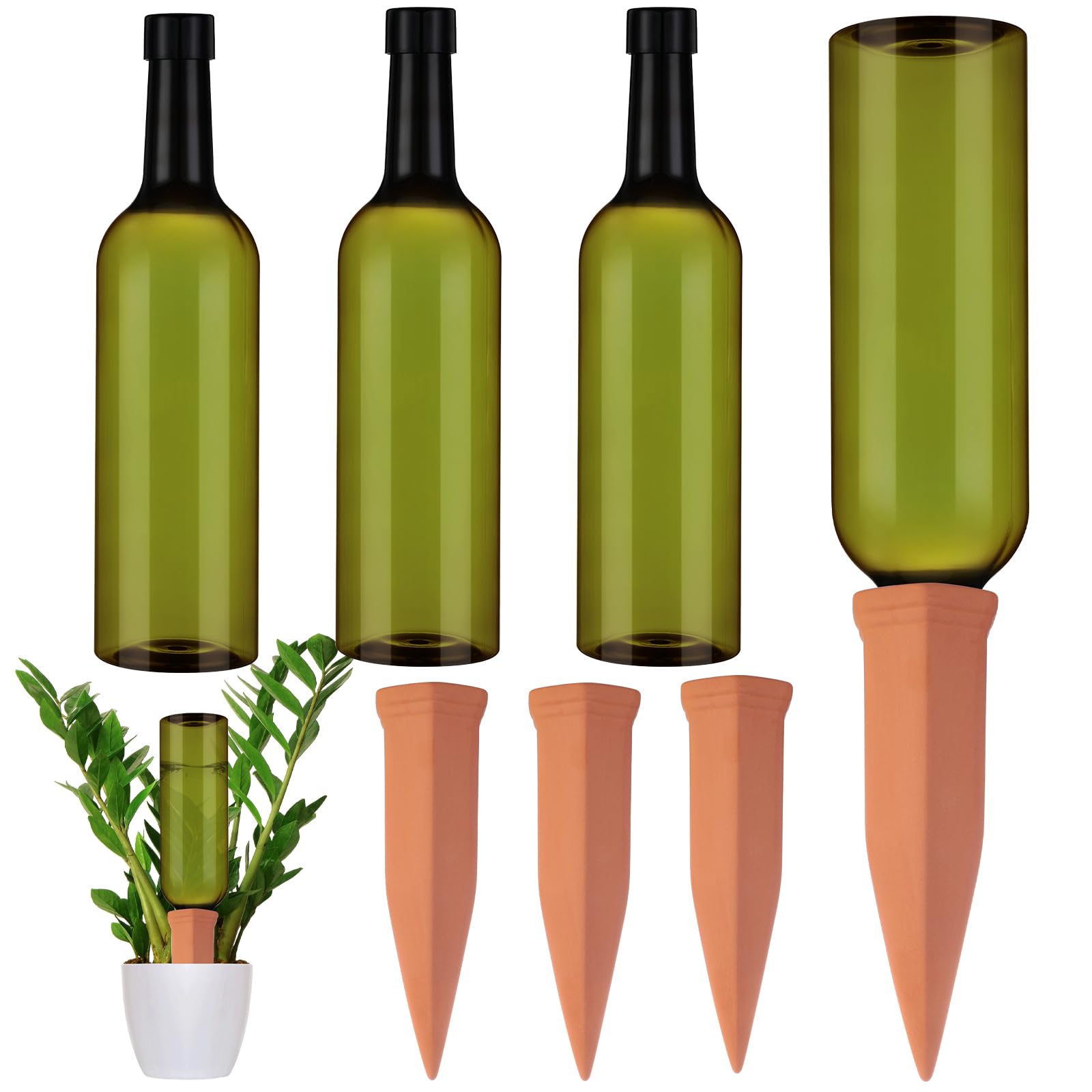 SiliFine front view of three terracotta spikes and green bottles, convenient set