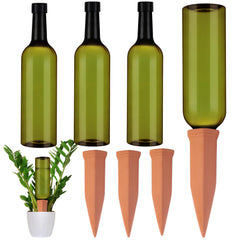 SiliFine front view of three terracotta spikes and green bottles, convenient set