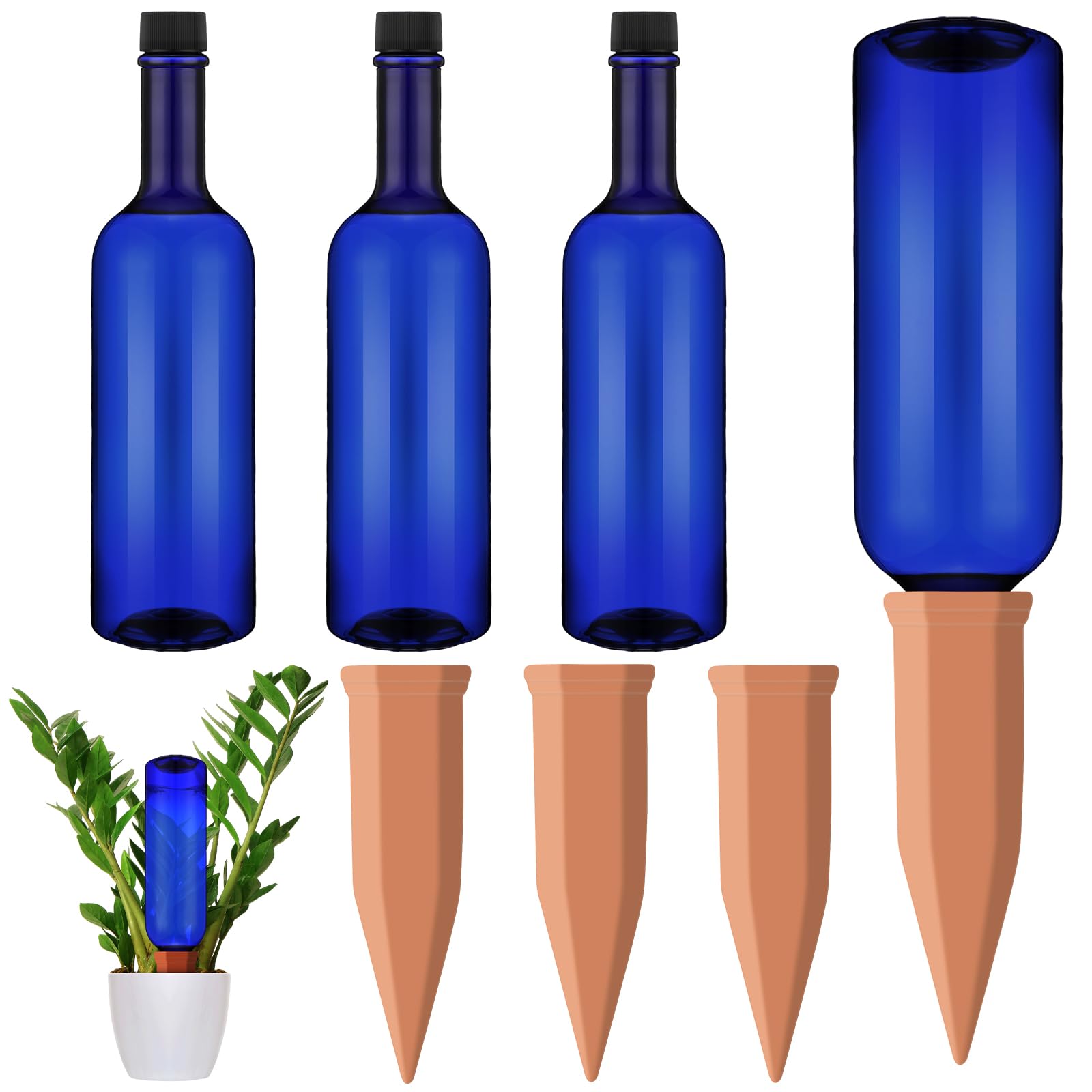 SiliFine front view showing three terracotta spikes and blue bottles, decorative and practical