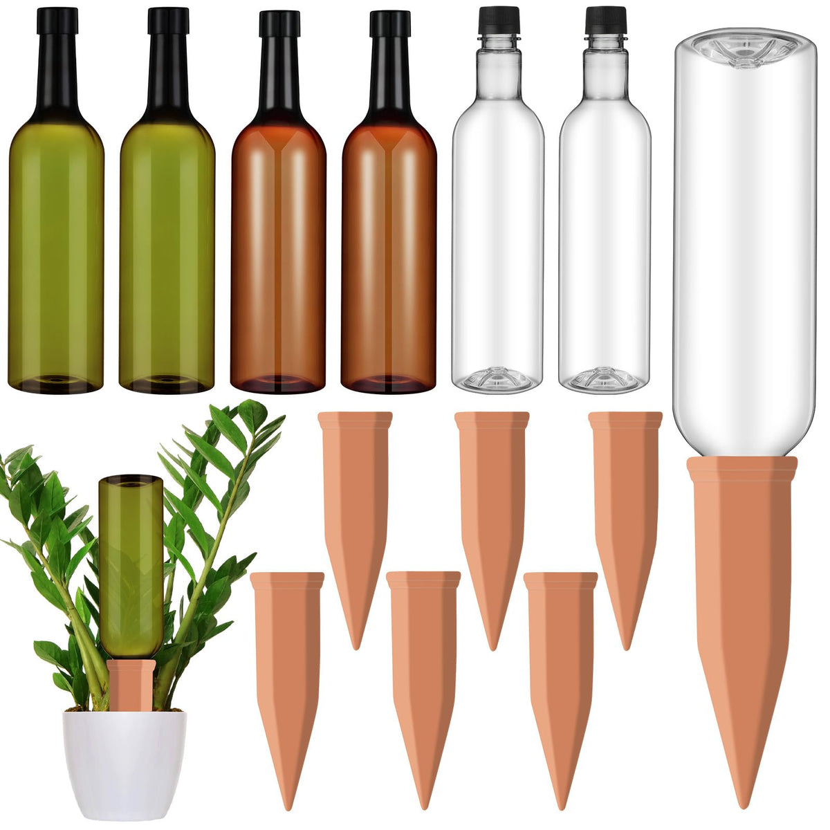 SiliFine front view of six spikes and bottles showing complete watering set benefits