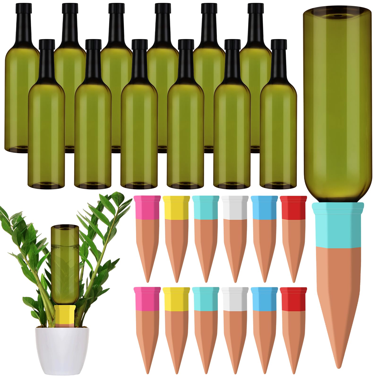 SiliFine front view of 12-set showing mixed color spikes and bottles, convenient multi-plant watering