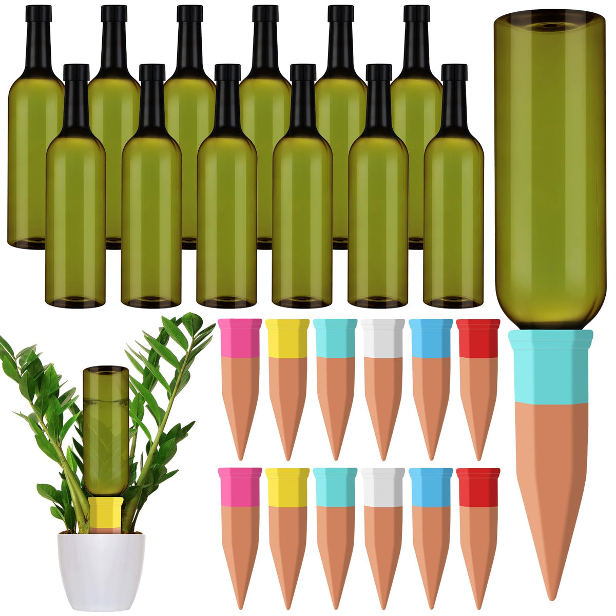 SiliFine front view of 12-set showing mixed color spikes and bottles, convenient multi-plant watering