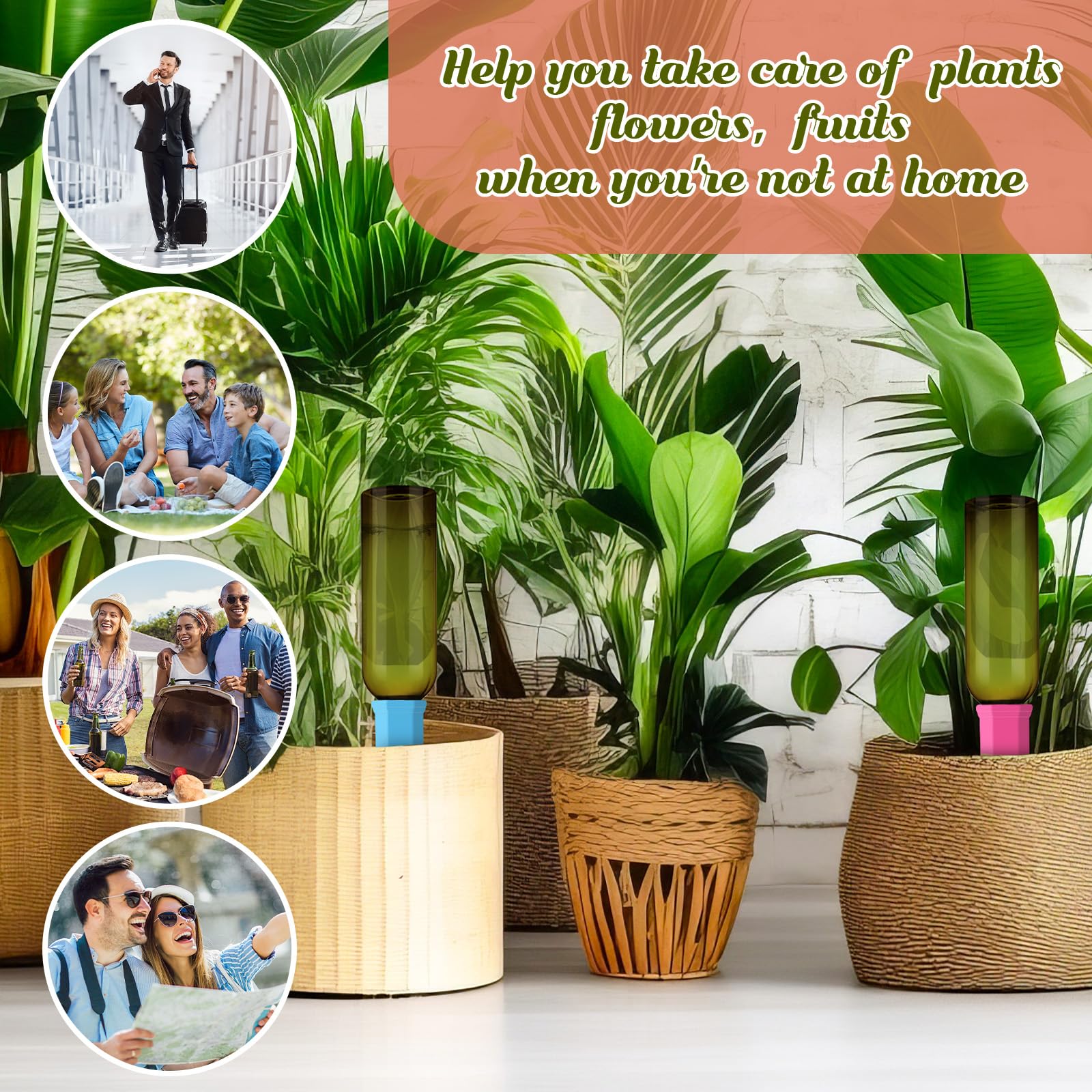 SiliFine in use on balcony with potted plants showing hands-free watering during travel