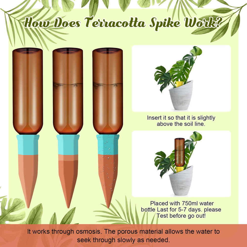 SiliFine spike in use with indoor plant, keeps foliage hydrated while away
