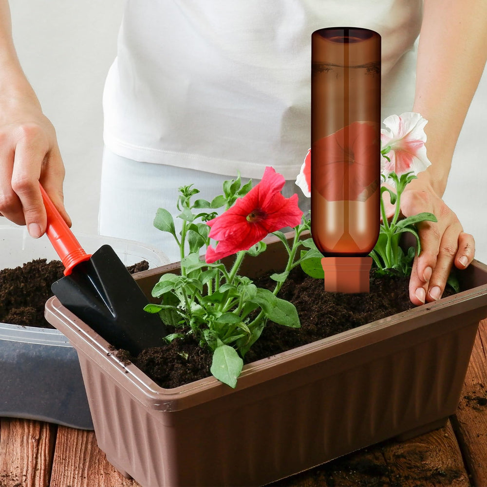 SiliFine balcony garden with spikes in planters illustrating hands-free watering