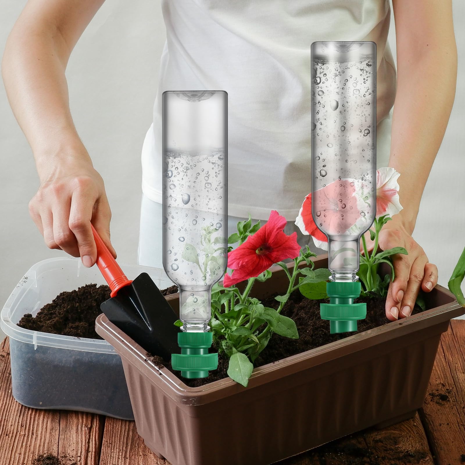 SiliFine balcony setup with spikes and bottles offering reliable plant hydration