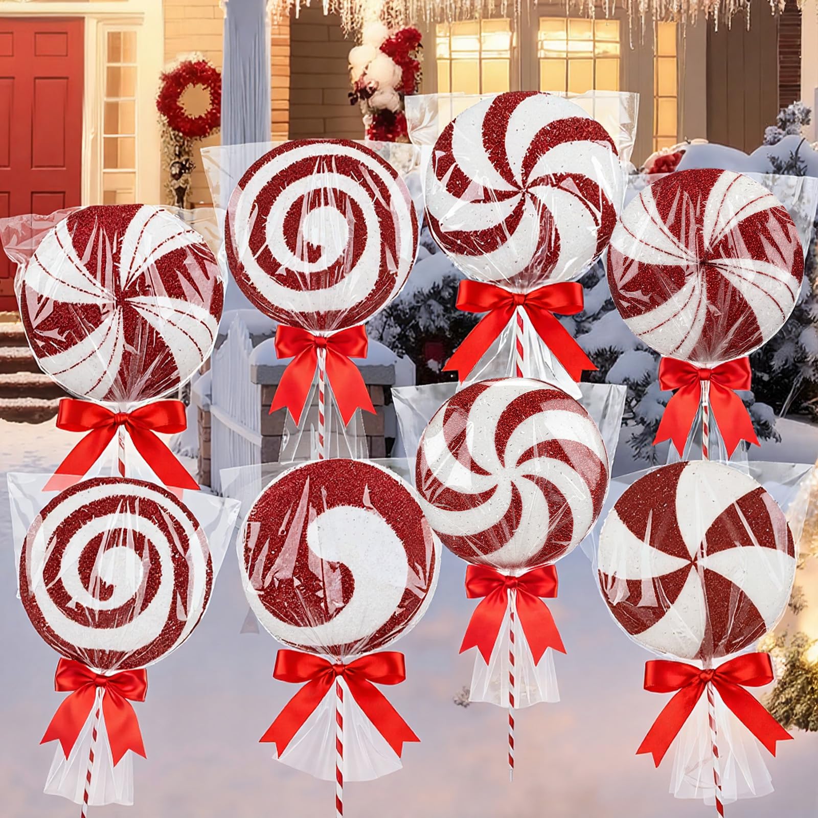 Silipull front view of eight lollipop stakes showing festive yard impact