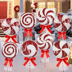 Silipull front view of eight lollipop stakes showing festive yard impact