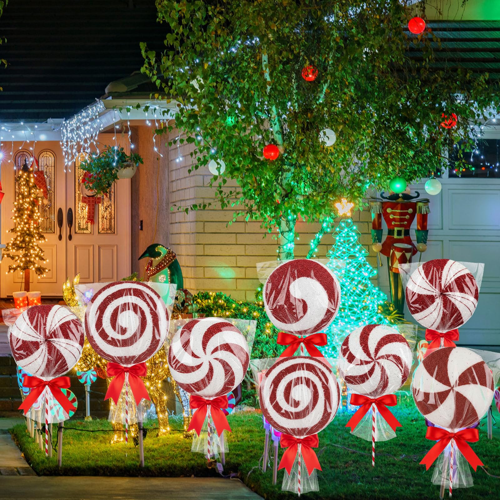 Silipull lollipop stakes illuminated outdoors creating eye-catching holiday glow