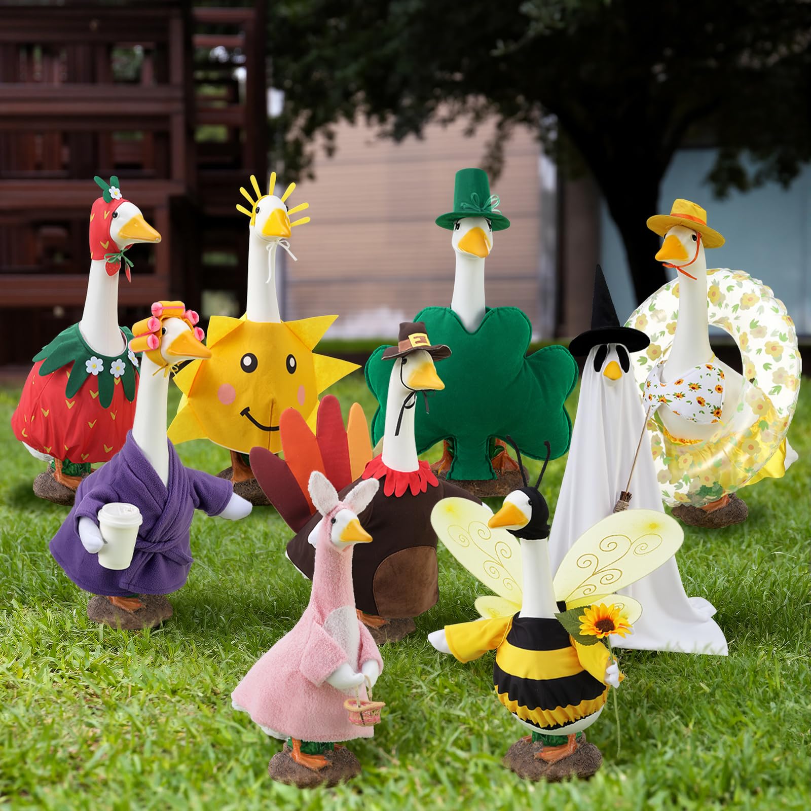SilTriangle lifestyle scene with multiple dressed geese adding yard joy