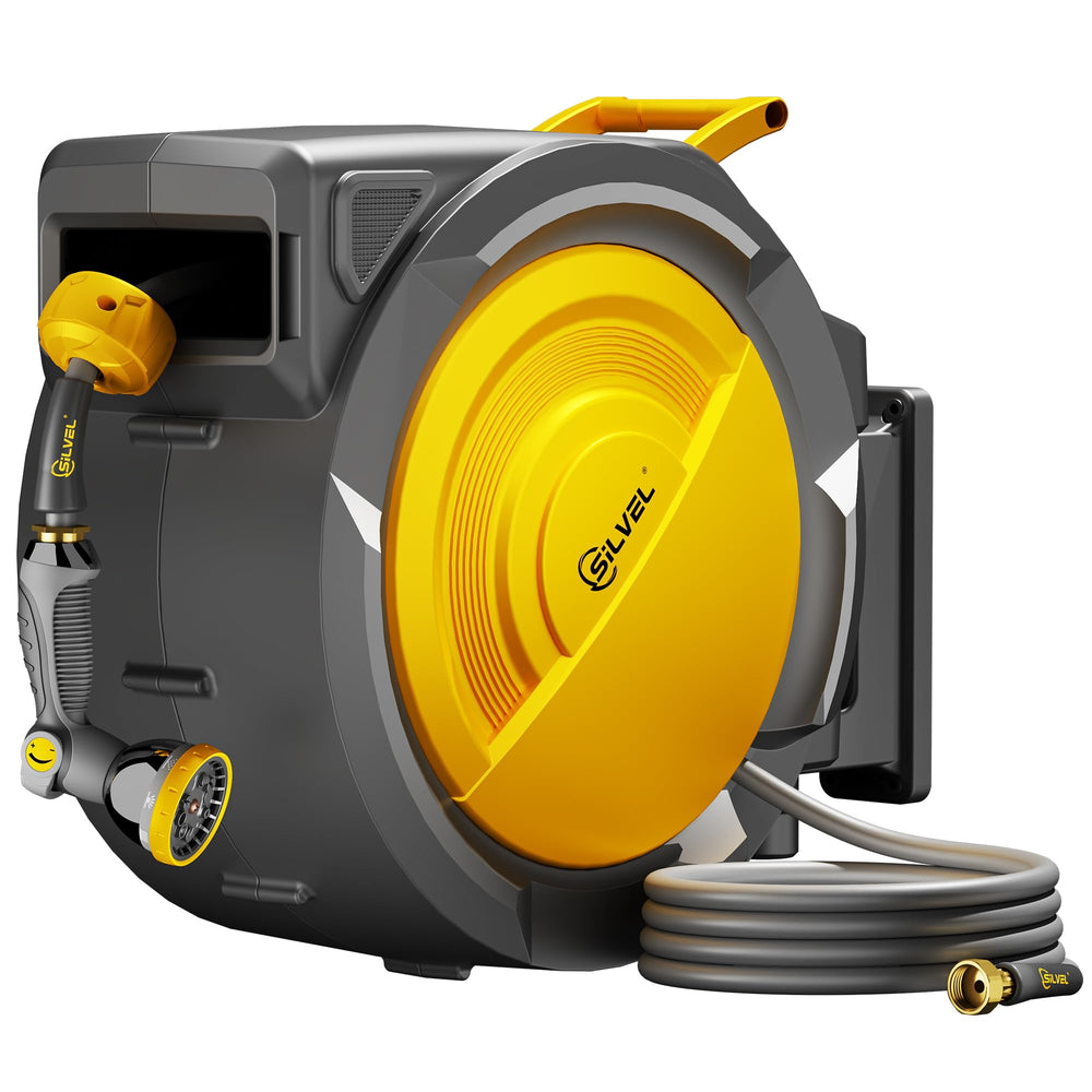 SILVEL front view of wall-mounted reel showing compact storage and easy access