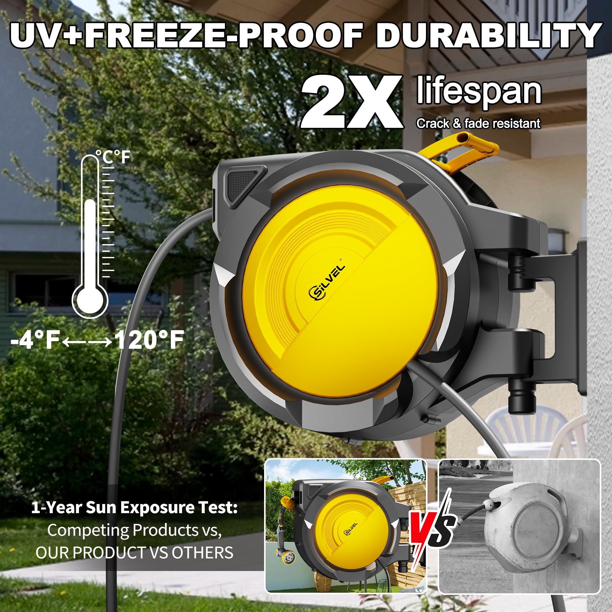 SILVEL 10-pattern spray nozzle displayed for versatile watering and cleaning