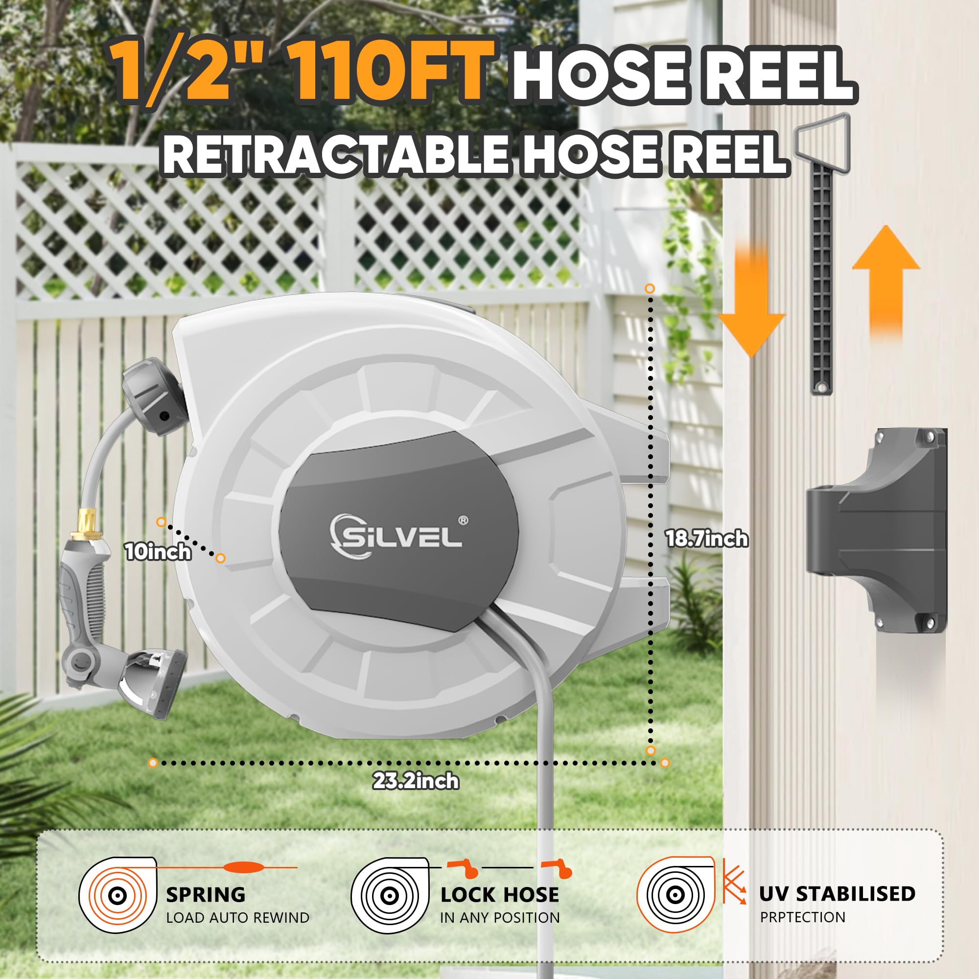 SILVEL reel in use watering garden showing easy pull-out and smooth retraction benefit