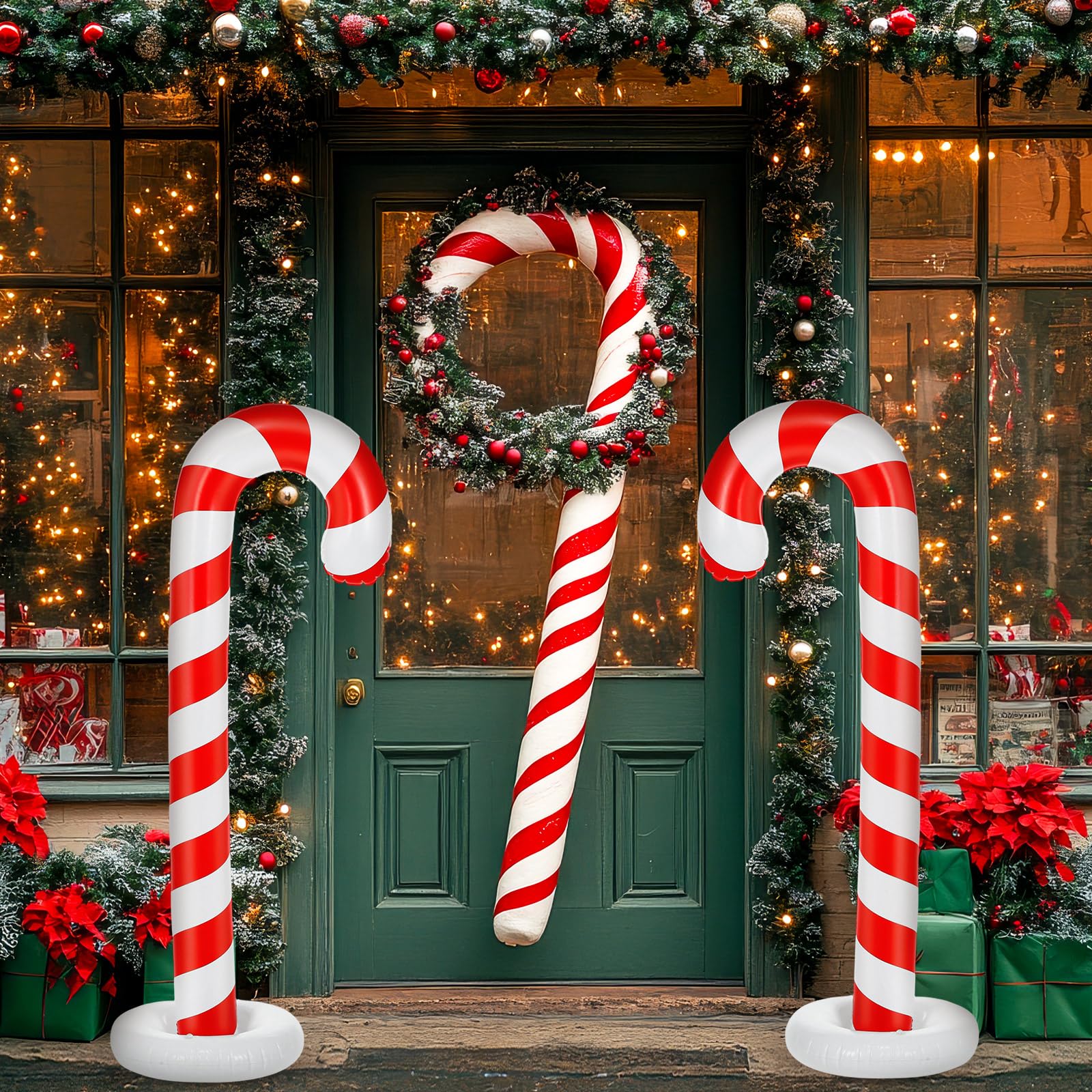 Simgoing porch display at dusk with lights adding welcoming ambiance