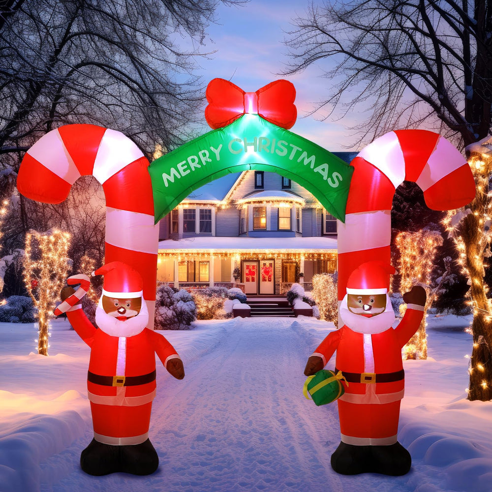 Simgoing front arch view showing full 8ft inflatable Santa and welcoming entrance effect