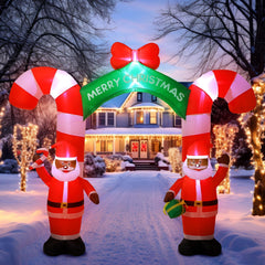 Simgoing front arch view showing full 8ft inflatable Santa and welcoming entrance effect