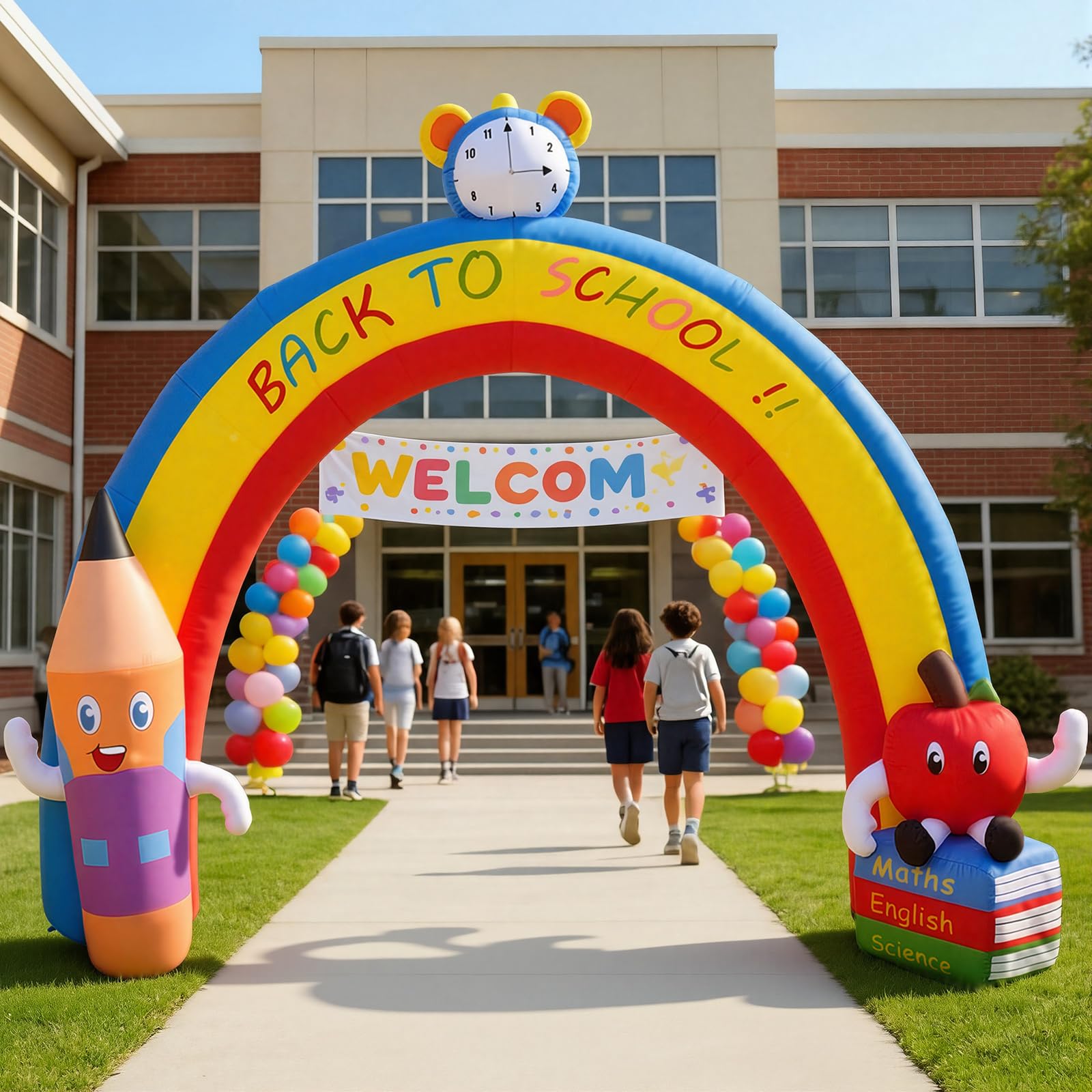 Simgoing front view of inflated arch showing welcoming entrance and school theme