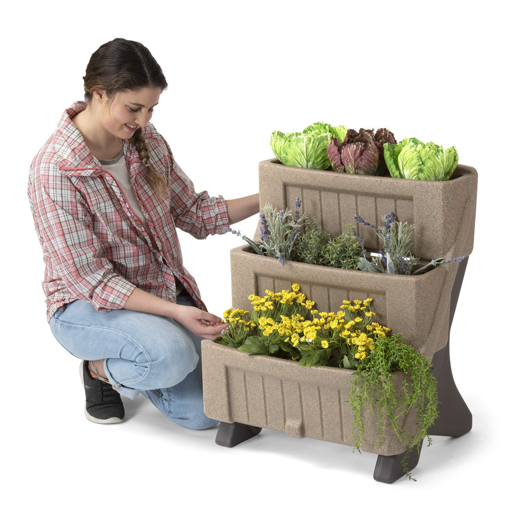 Simplay3 front view of three-level planter showing tiered planting and easy access