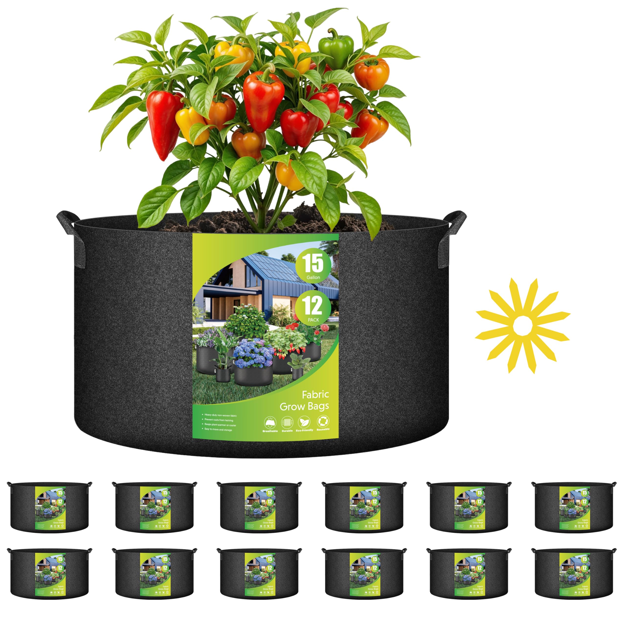 Simple Deluxe front view of 12-pack grow bags showing compact packaging and value