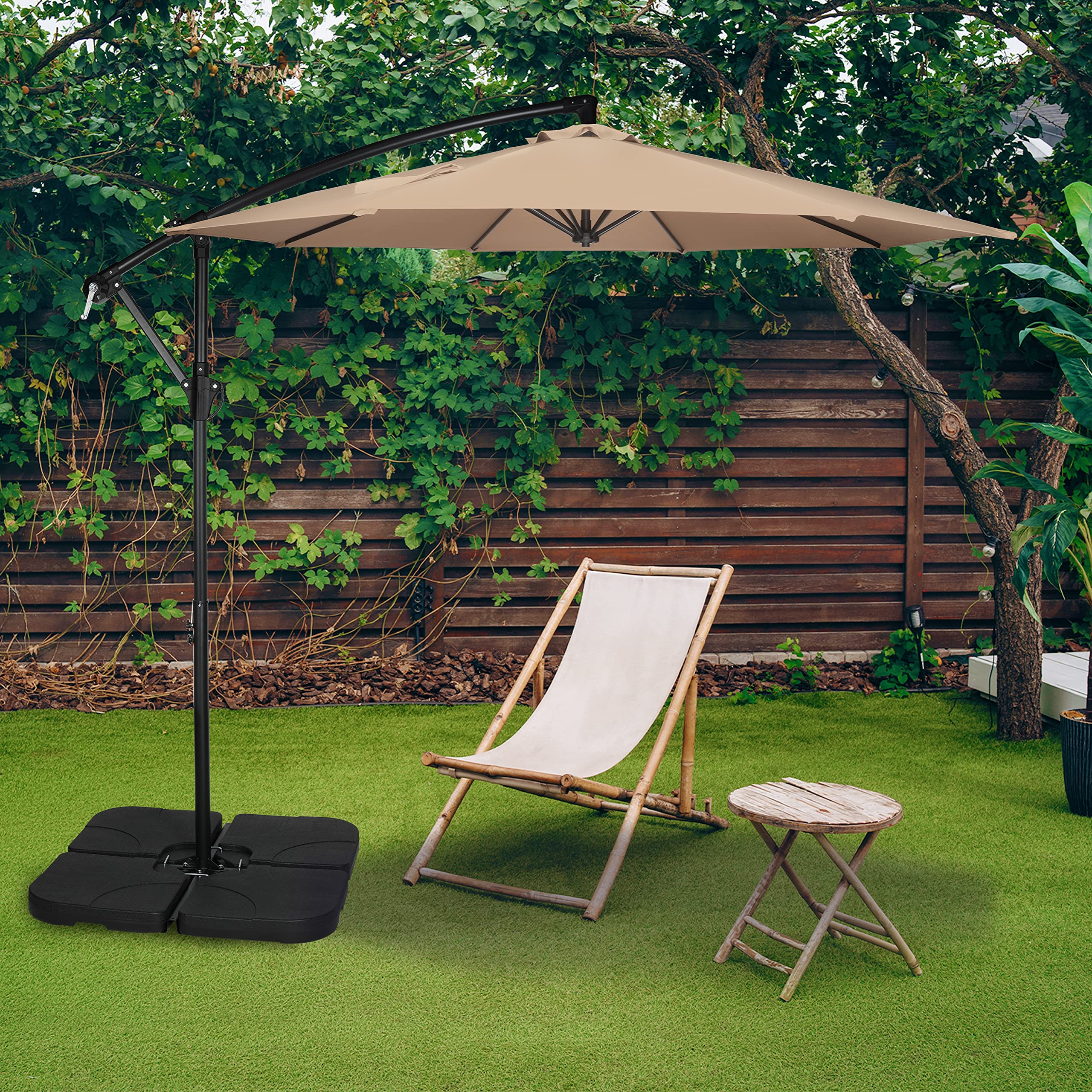 Simple Deluxe umbrella over patio dining set showing comfortable shaded outdoor living