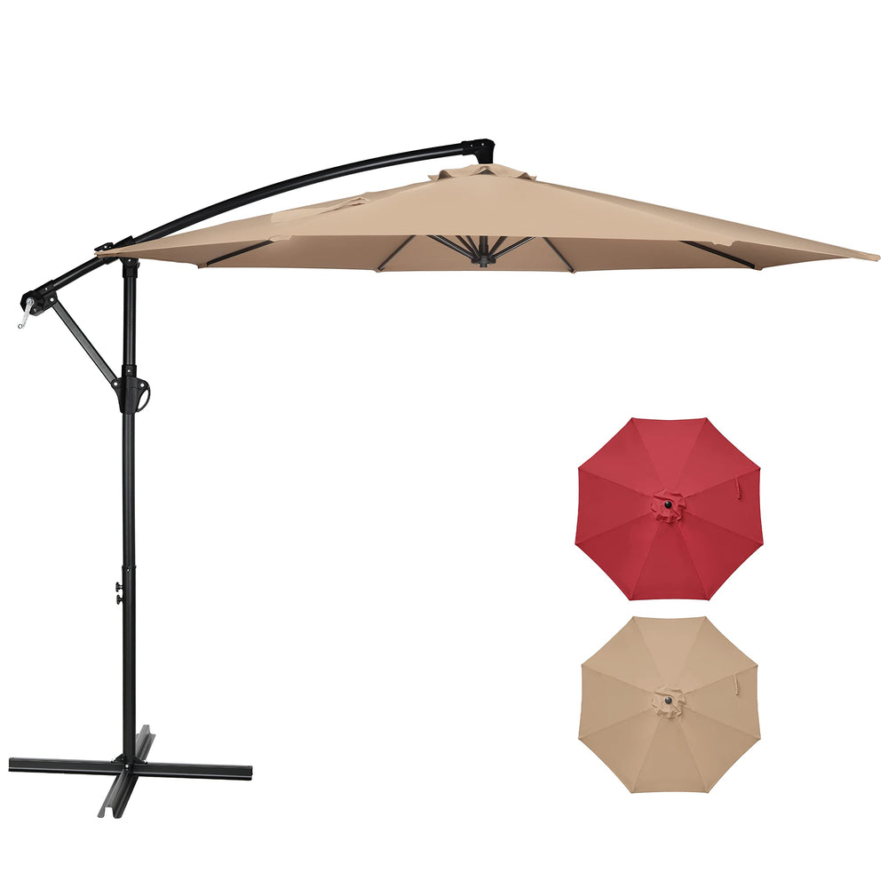 Simple Deluxe front view showing tan 10ft cantilever umbrella providing large shaded area