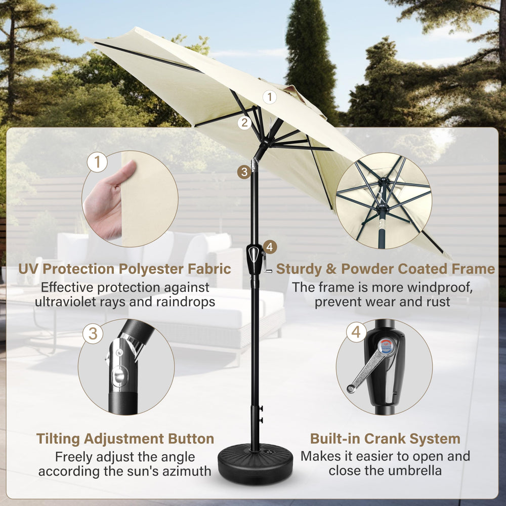 Simple Deluxe umbrella over patio dining set illustrating comfortable shaded seating