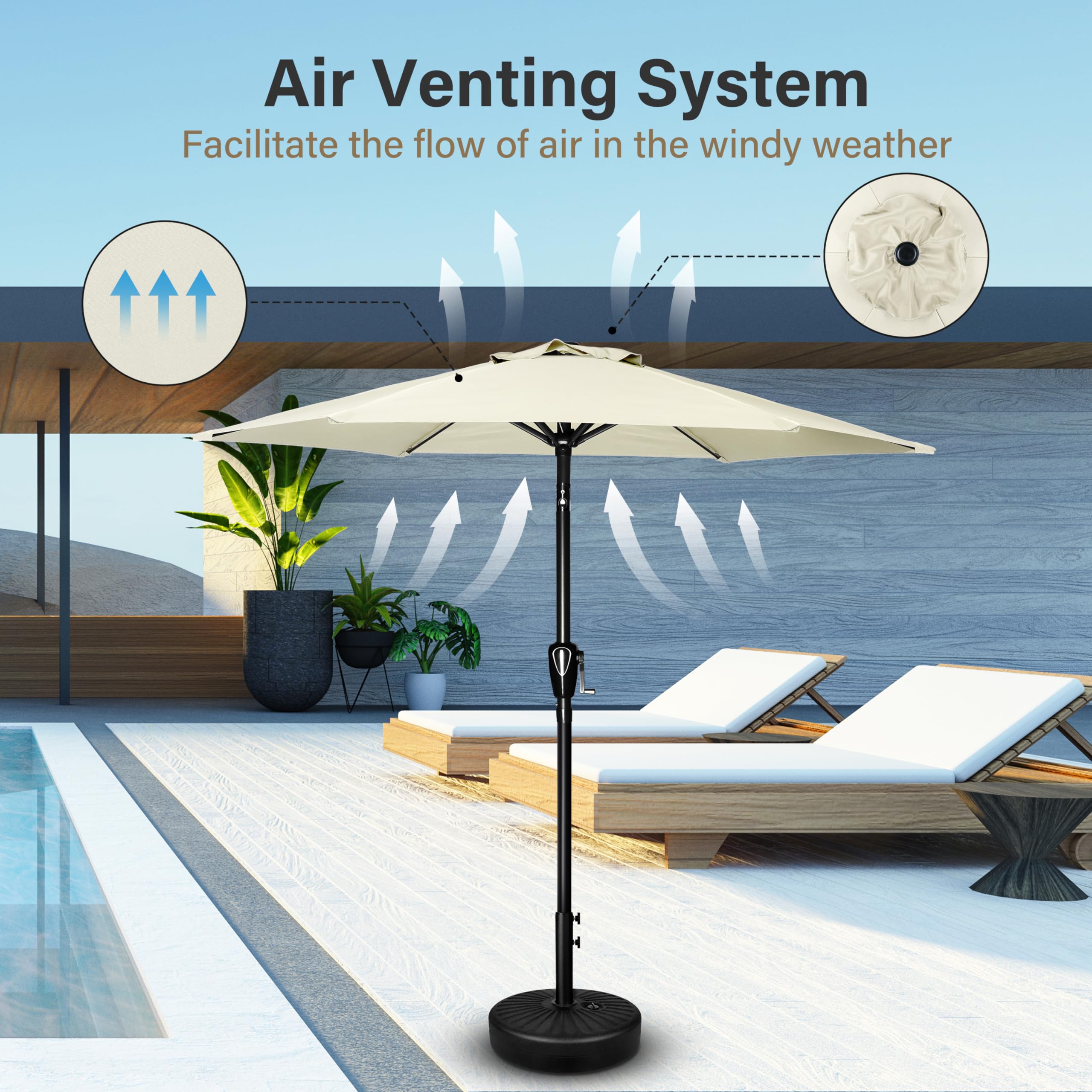 Simple Deluxe umbrella next to 40-inch table showing fit and scale for seating