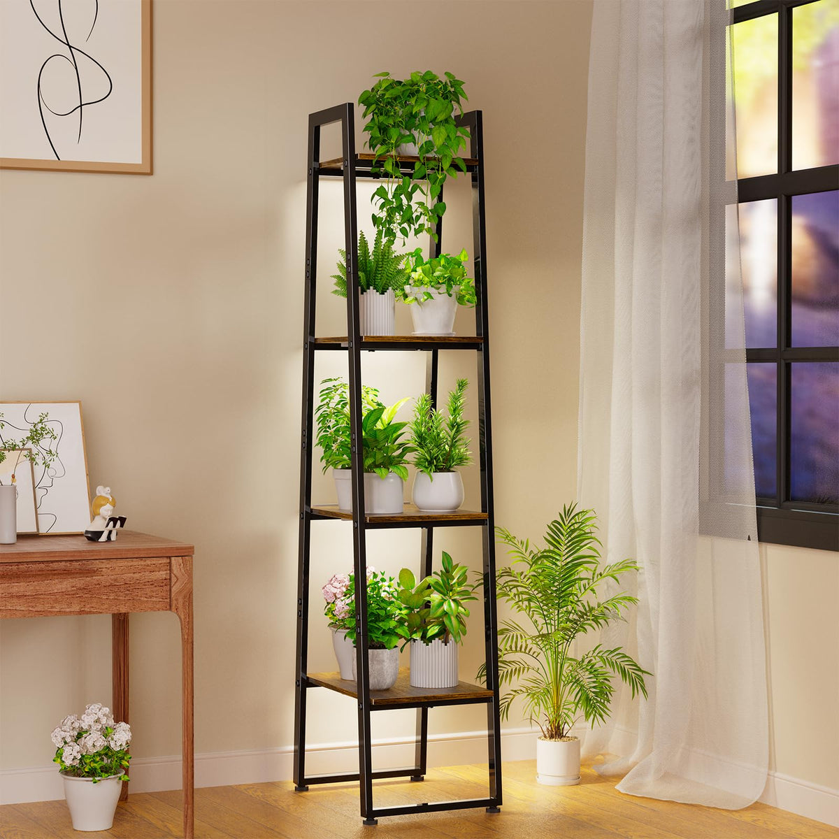 Simple Trending front view showing full 4-tier stand and planted pots, space-saving benefit