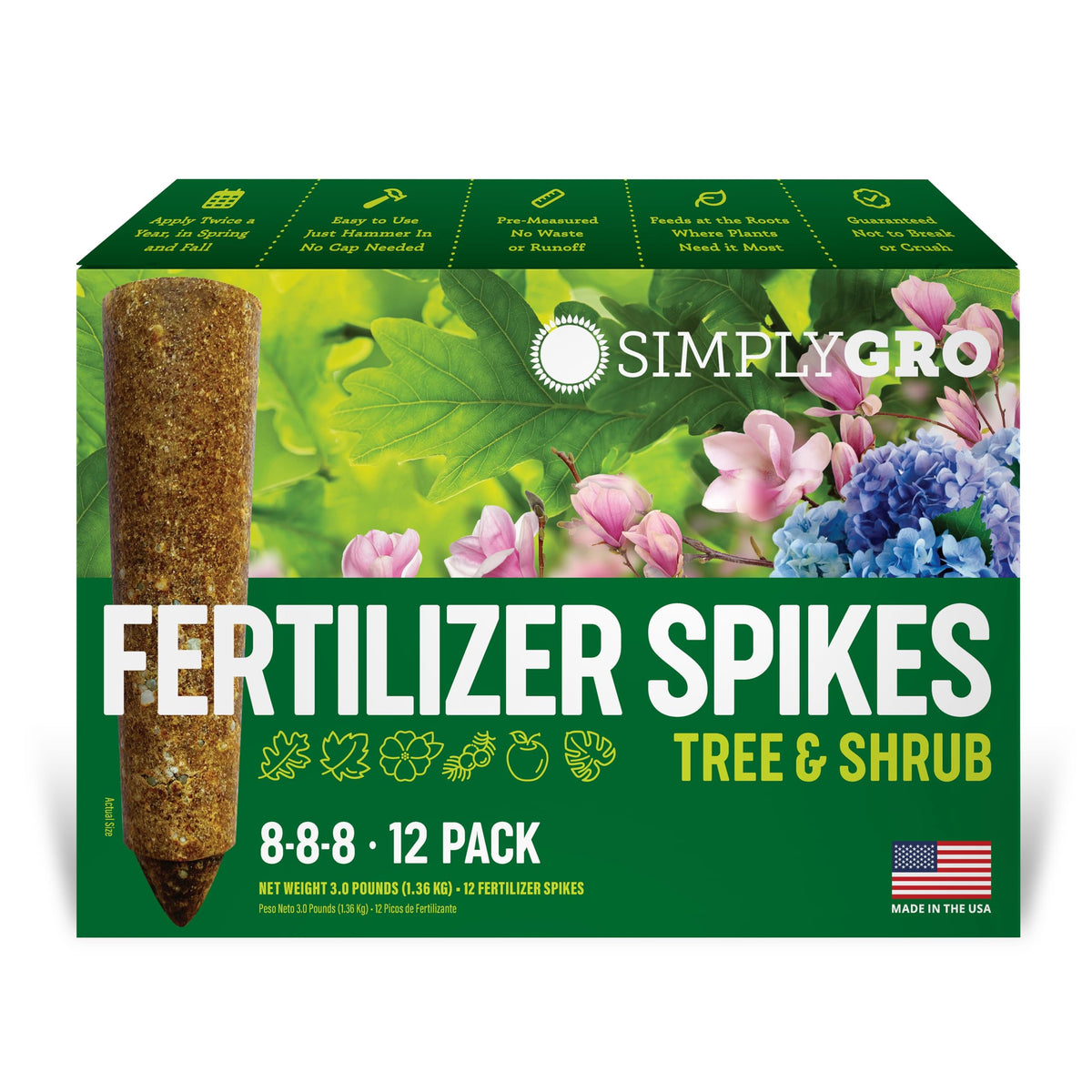 SimplyGro front packaging showing 12 spikes and product benefits