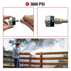 SIMPSON nozzle attached to wand cleaning a wooden deck, showing effective spray patterns and time savings